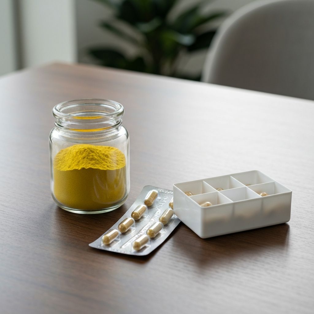 Drei Supplement-Produkte auf ordentlichem Tisch: Glas mit Pulver, Blisterpackung mit Kapseln, kleiner weißer Organizer